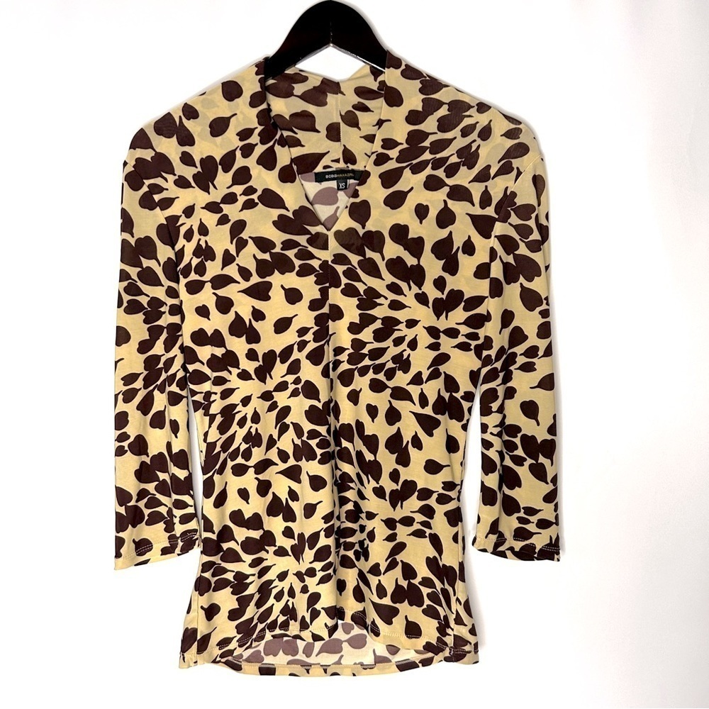 BCBGMaxAzria Women's Cream Brown Leaf Pattern Long Sleeve Blouse Size XS